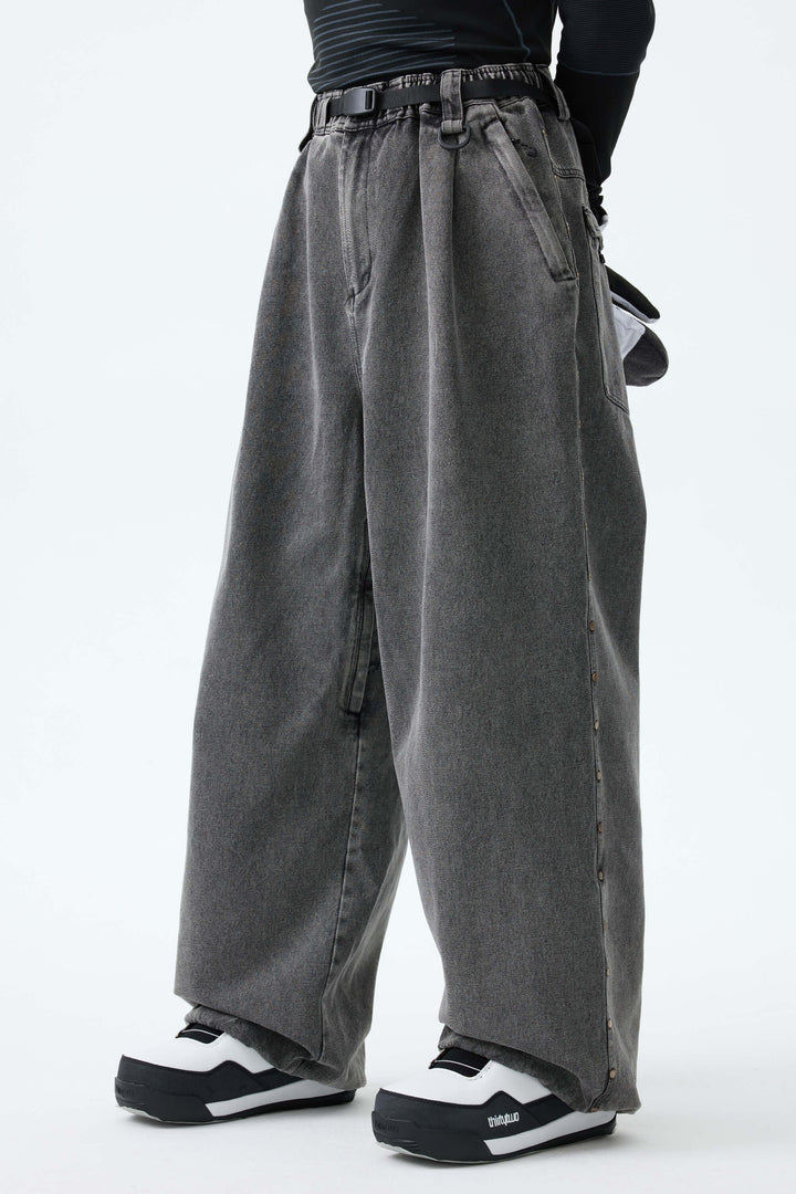 Men's Washed Charcoal Real Denim Waterproof Rivet Trim Snow Pants