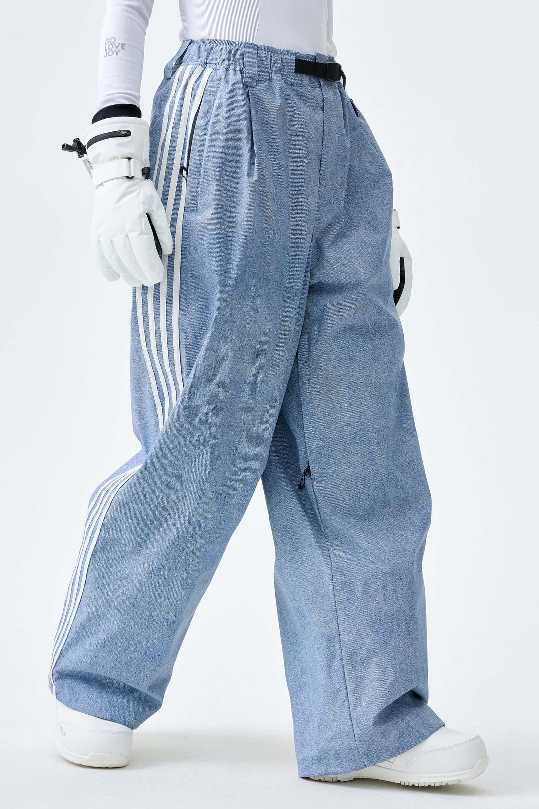 Women's Heather Blue Retro Baggy Track Stripe Snow Pants