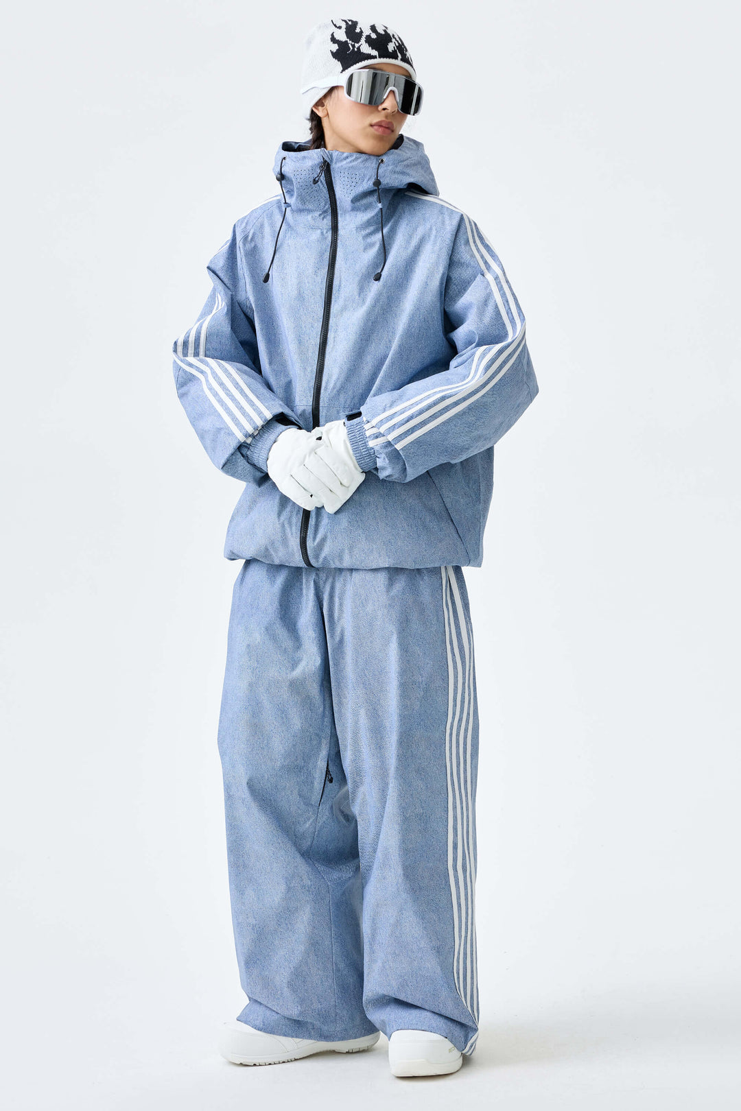 Women's Heather Blue Retro Baggy Track Stripe Snow Pants