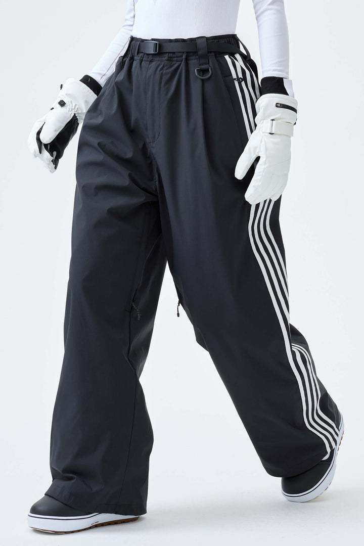 Women's Black Retro Baggy Track Stripe Snow Pants