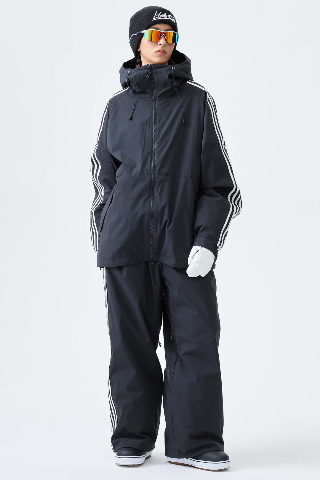 Women's Black Retro Baggy Track Stripe Snow Pants