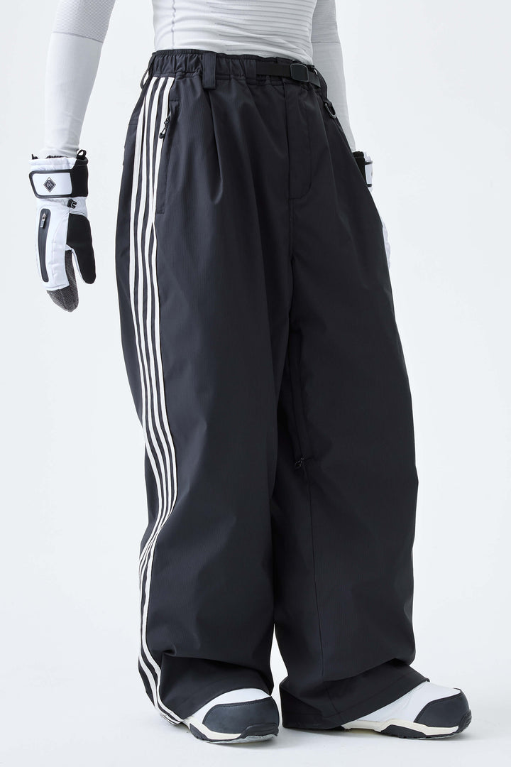 Men's Black Retro Baggy Track Stripe Snow Pants
