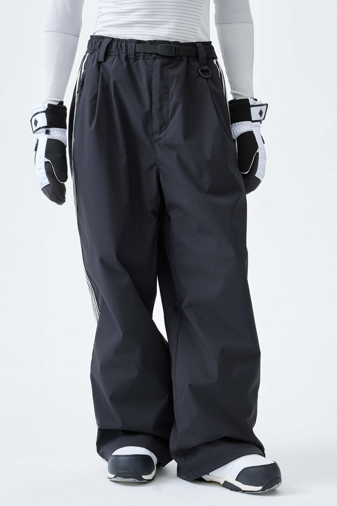 Men's Black Retro Baggy Track Stripe Snow Pants