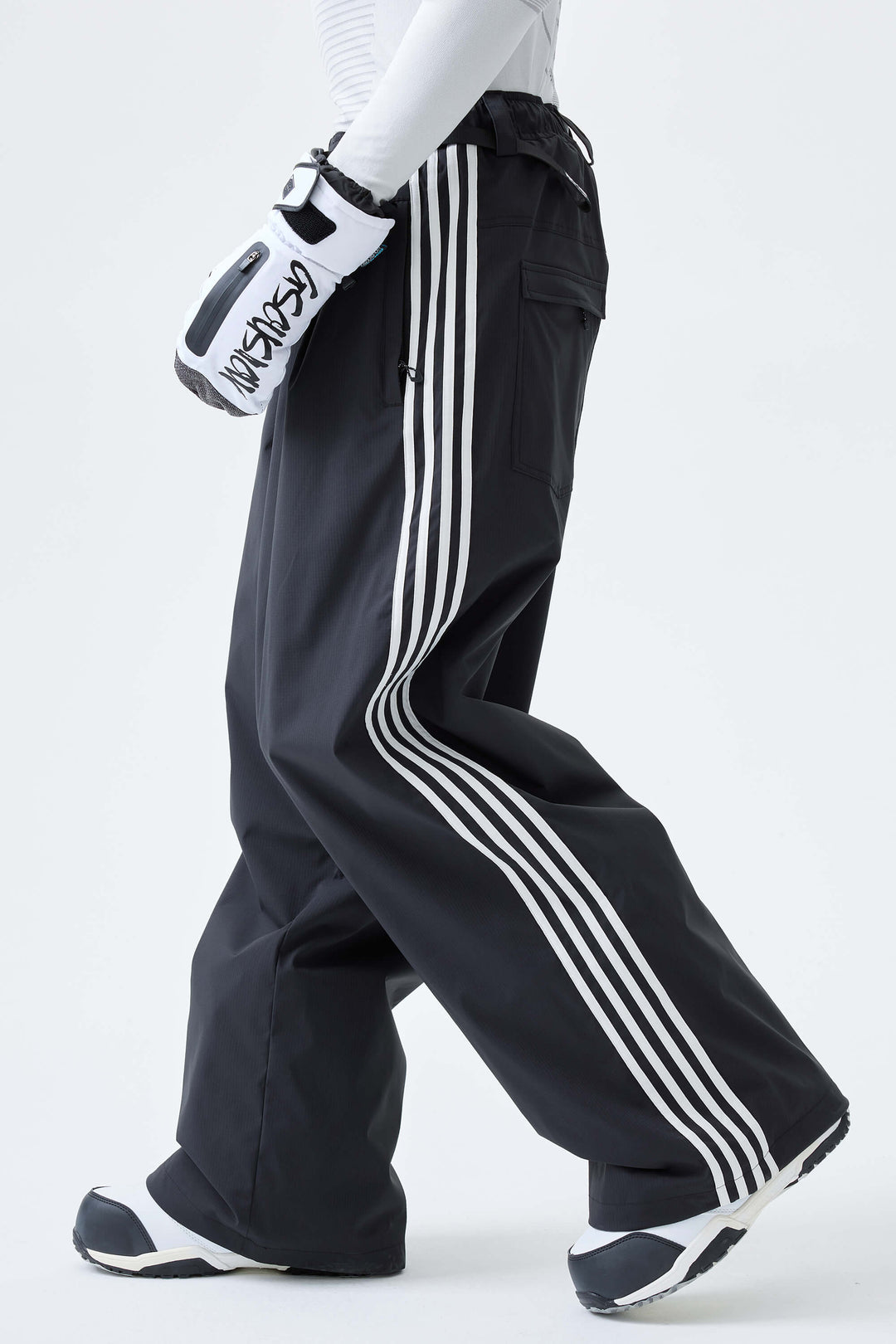 Men's Black Retro Baggy Track Stripe Snow Pants
