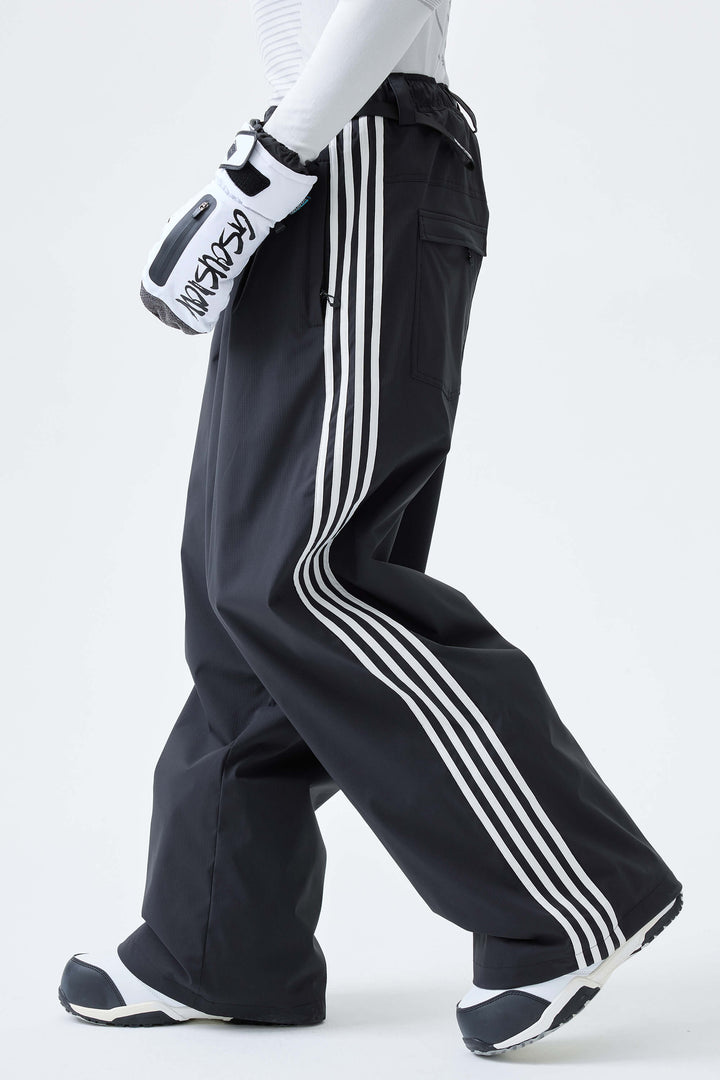 Men's Black Retro Baggy Track Stripe Snow Pants