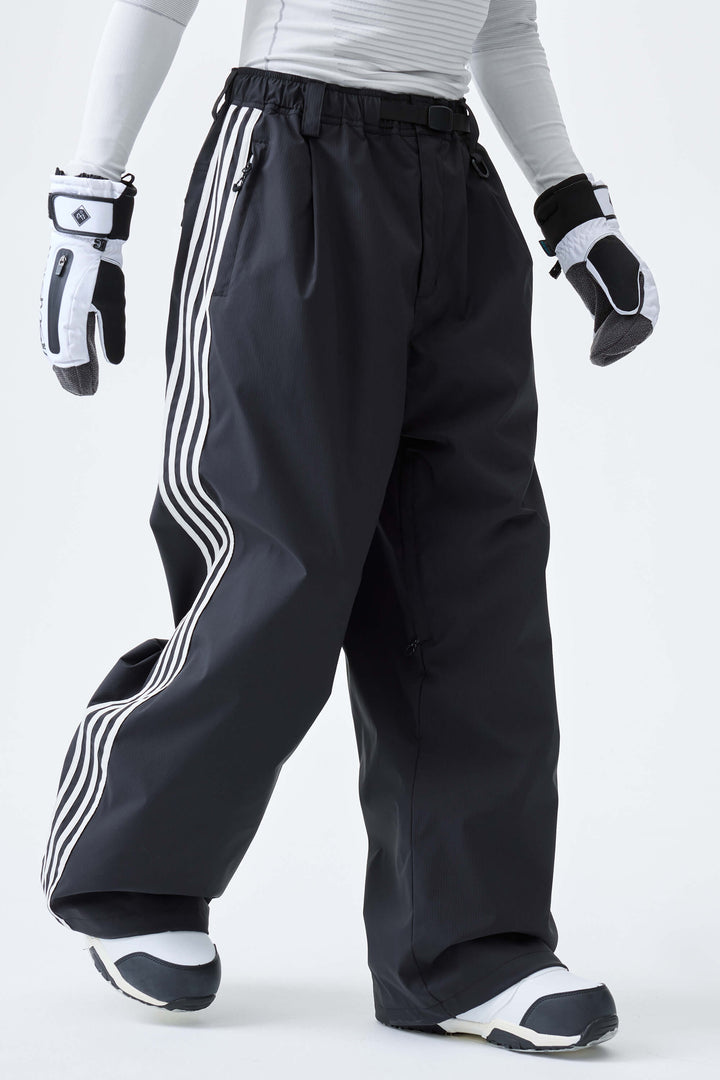Men's Black Retro Baggy Track Stripe Snow Pants