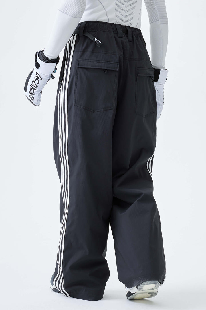 Men's Black Retro Baggy Track Stripe Snow Pants
