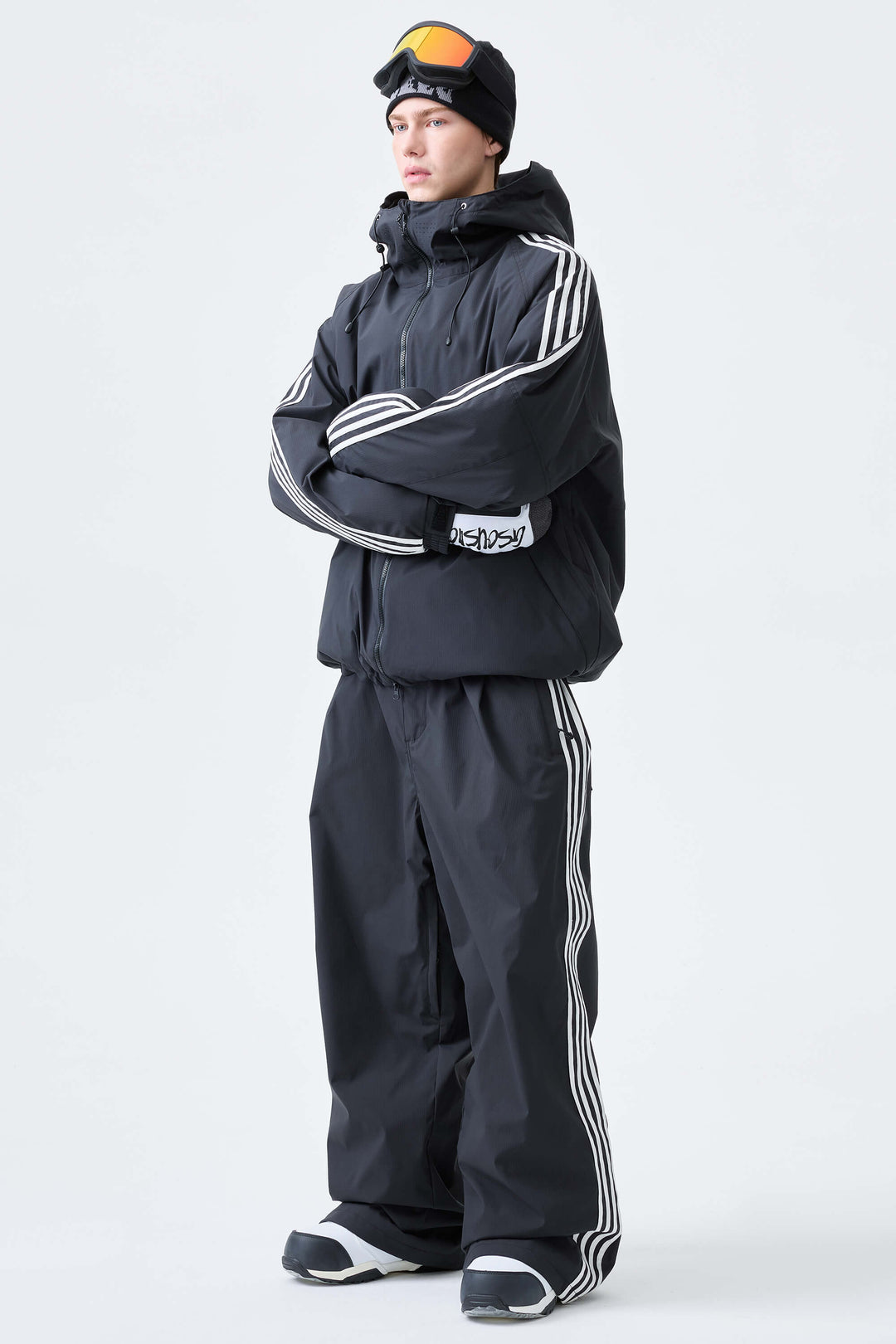 Men's Black Retro Baggy Track Stripe Snow Pants