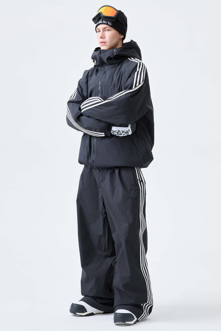 Men's Black Retro Baggy Track Stripe Snow Pants
