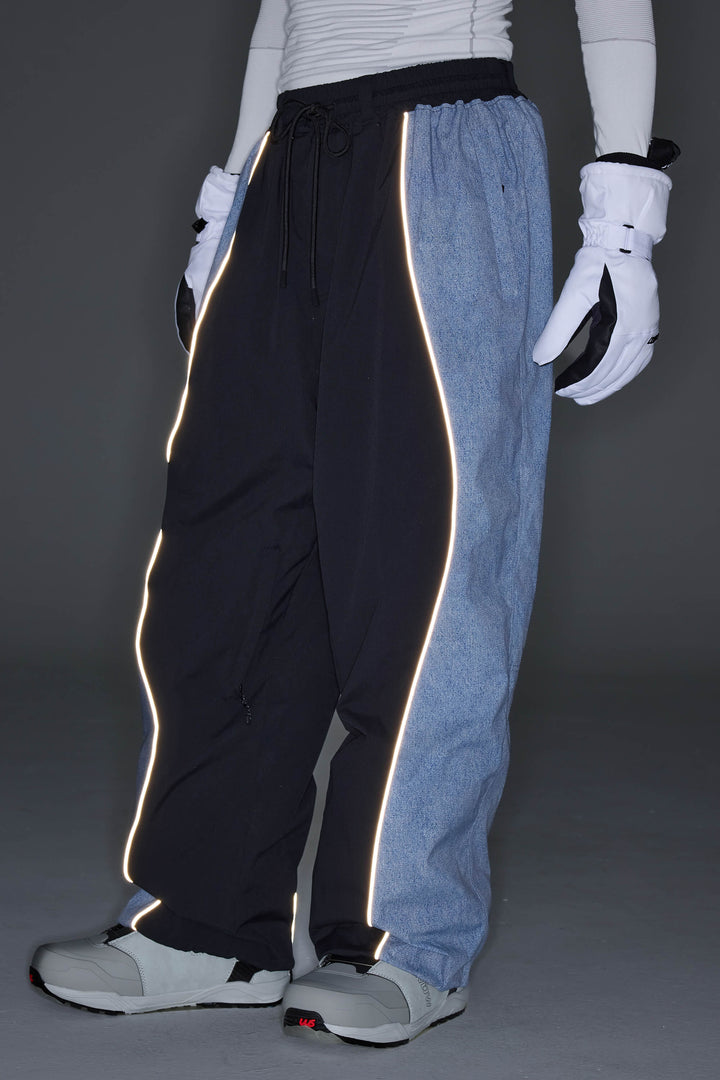 Women's Black & Washed Denim Contrast Panel Reflective Snow Pants