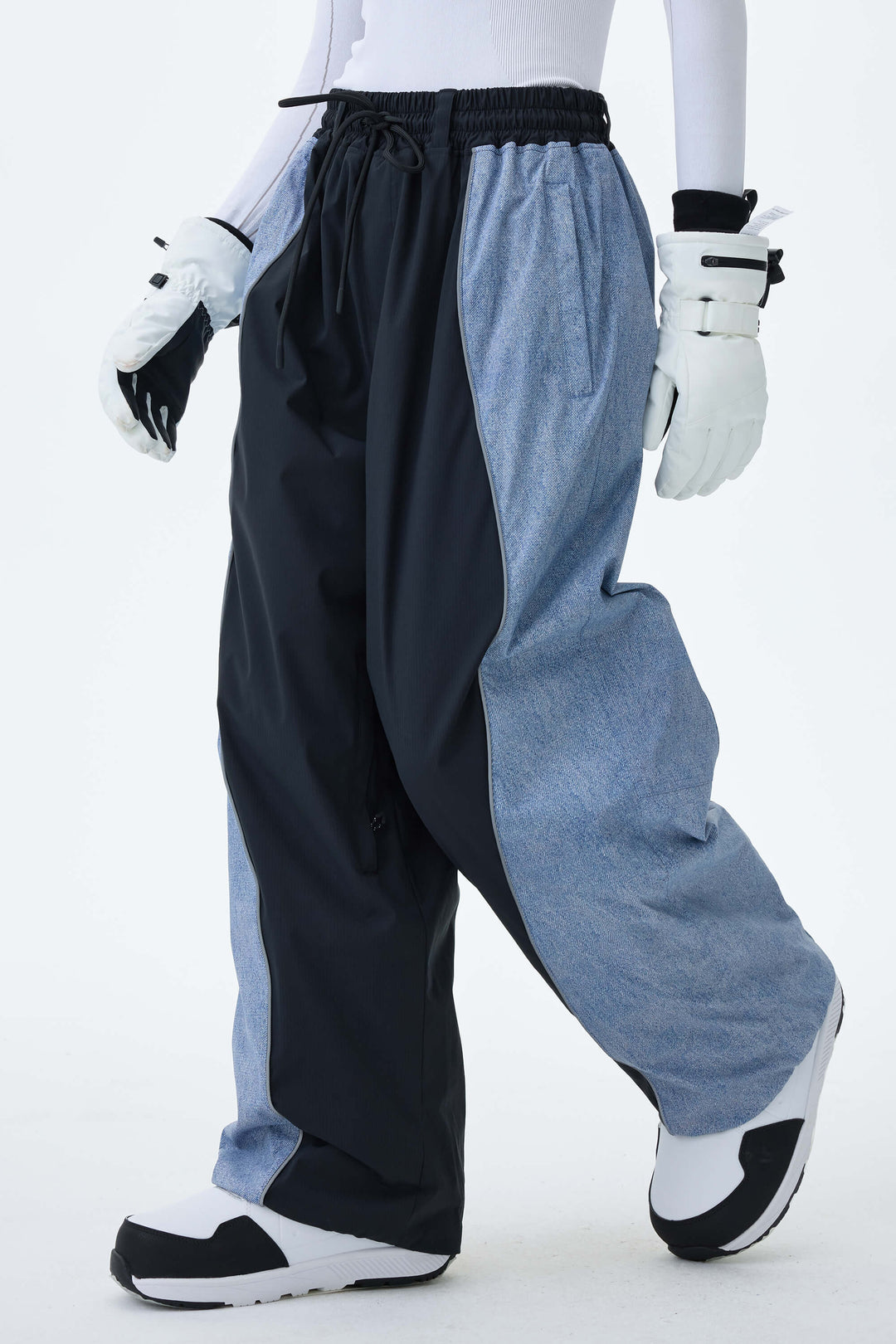 Women's Black & Washed Denim Contrast Panel Reflective Snow Pants
