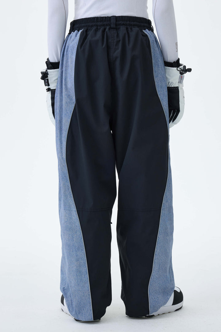 Women's Black & Washed Denim Contrast Panel Reflective Snow Pants