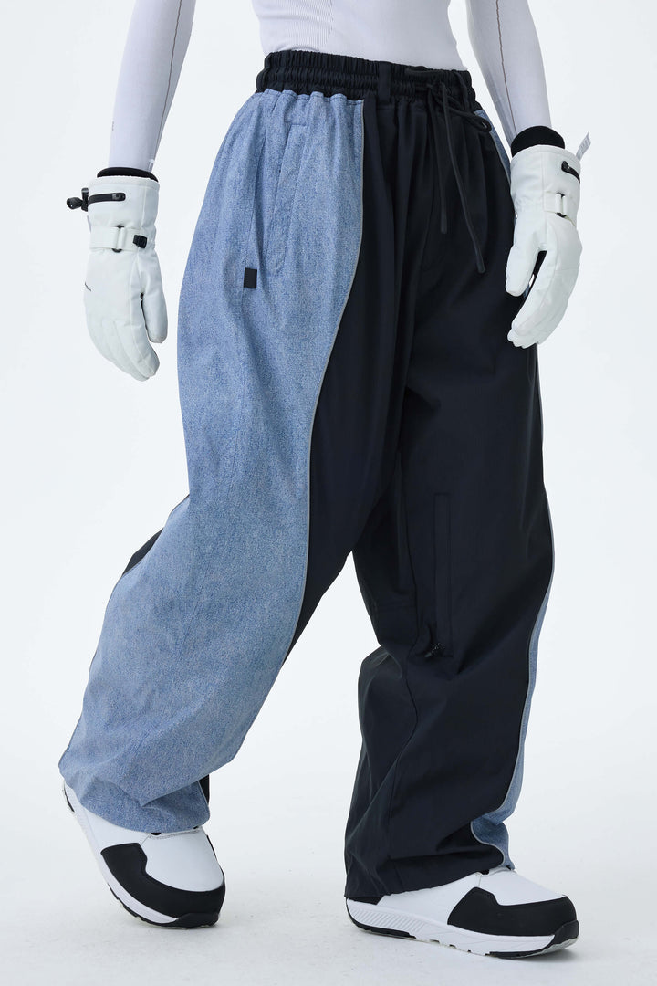 Women's Black & Washed Denim Contrast Panel Reflective Snow Pants