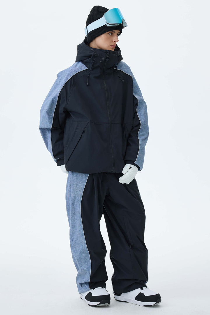 Women's Black & Washed Denim Contrast Panel Reflective Snow Pants