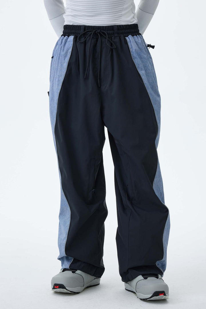 Men's Black & Washed Denim Contrast Panel Reflective Snow Pants
