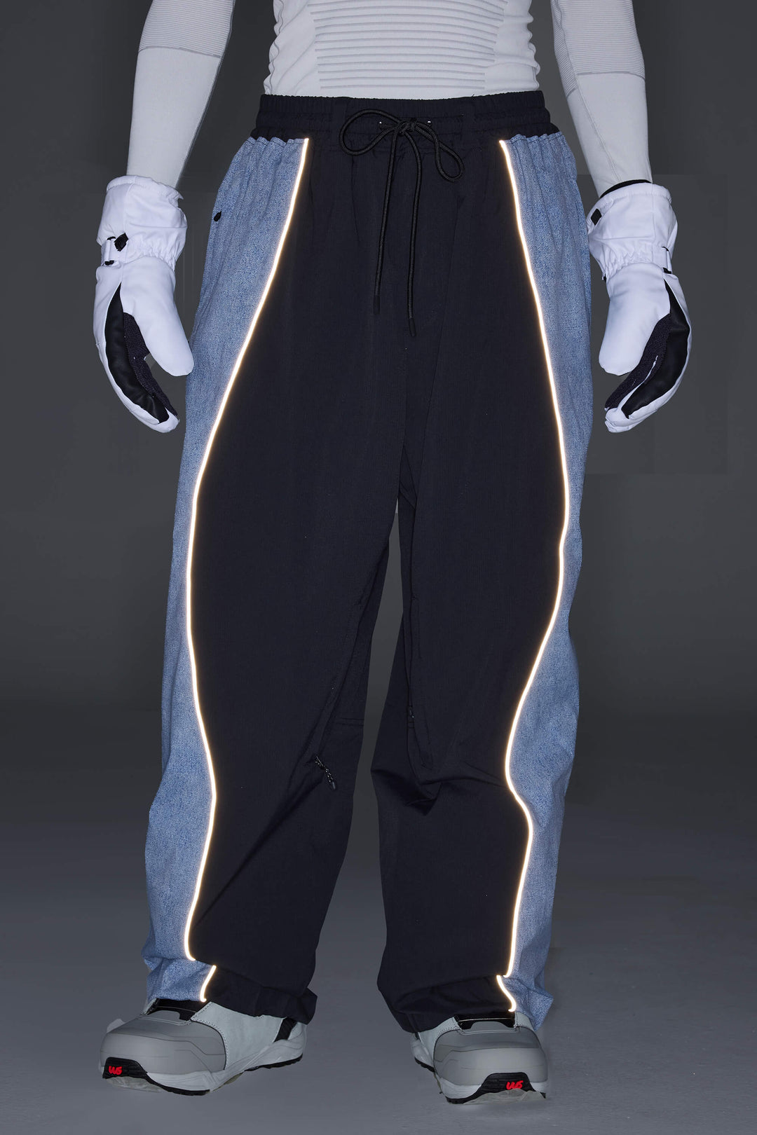 Men's Black & Washed Denim Contrast Panel Reflective Snow Pants