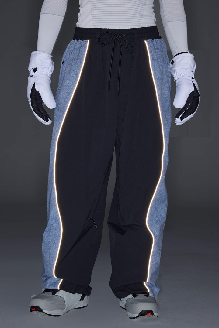 Men's Black & Washed Denim Contrast Panel Reflective Snow Pants