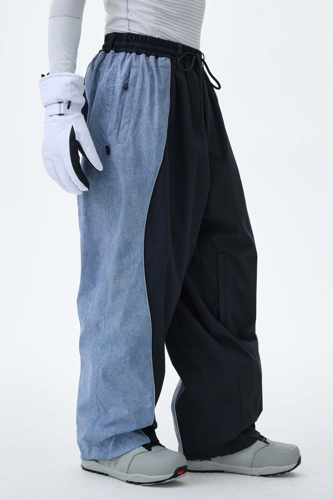 Men's Black & Washed Denim Contrast Panel Reflective Snow Pants
