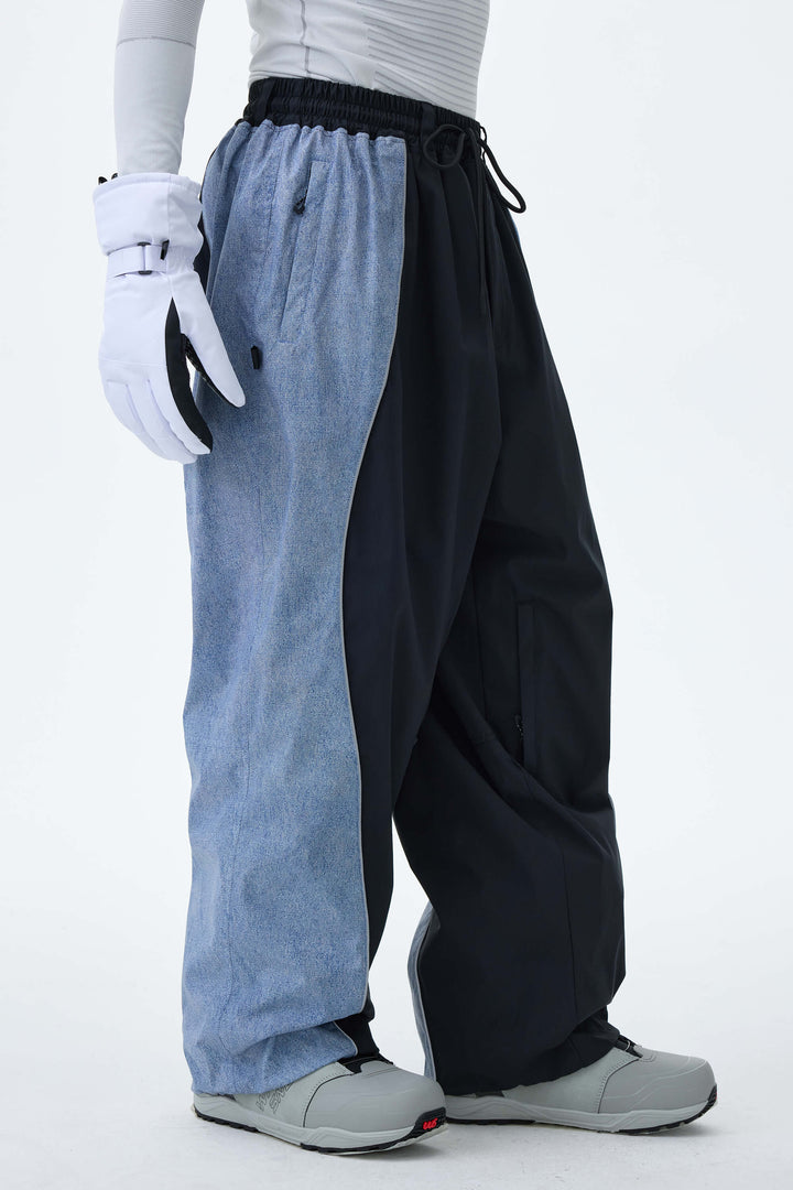 Men's Black & Washed Denim Contrast Panel Reflective Snow Pants