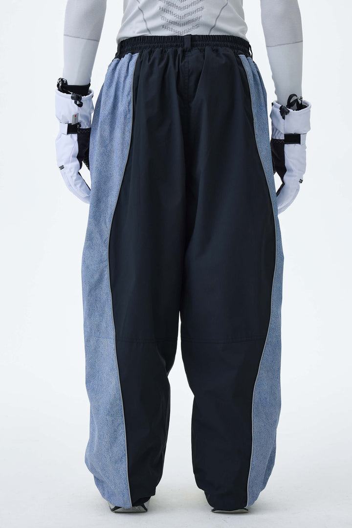 Men's Black & Washed Denim Contrast Panel Reflective Snow Pants