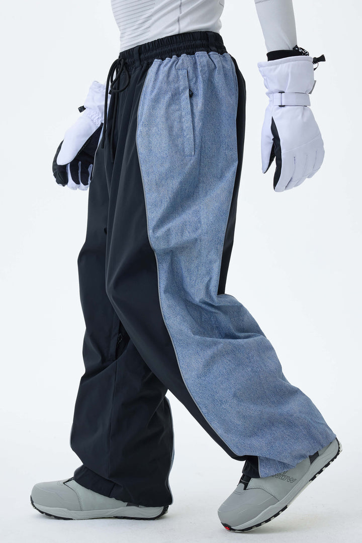 Men's Black & Washed Denim Contrast Panel Reflective Snow Pants