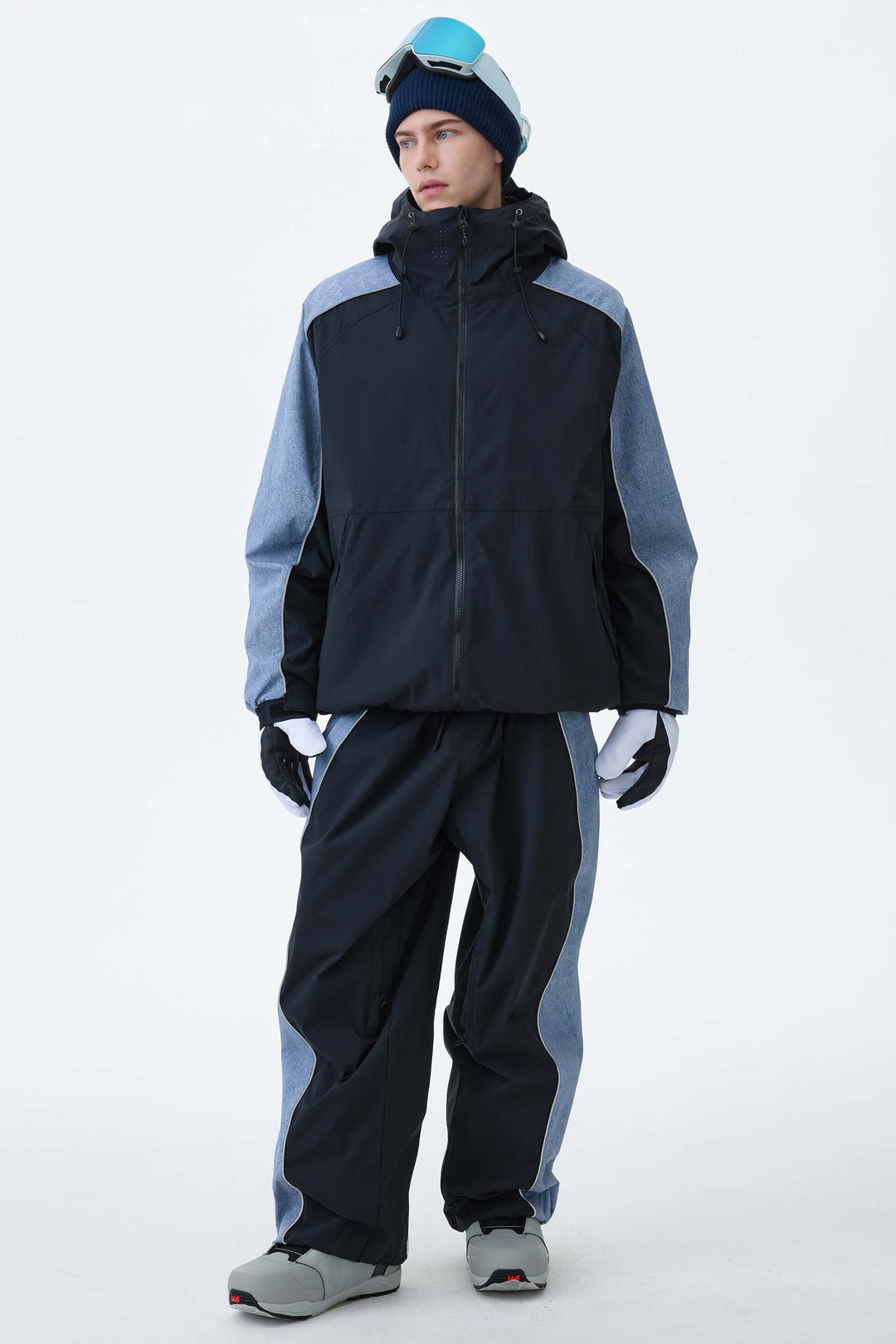 Men's Black & Washed Denim Contrast Panel Reflective Snow Pants