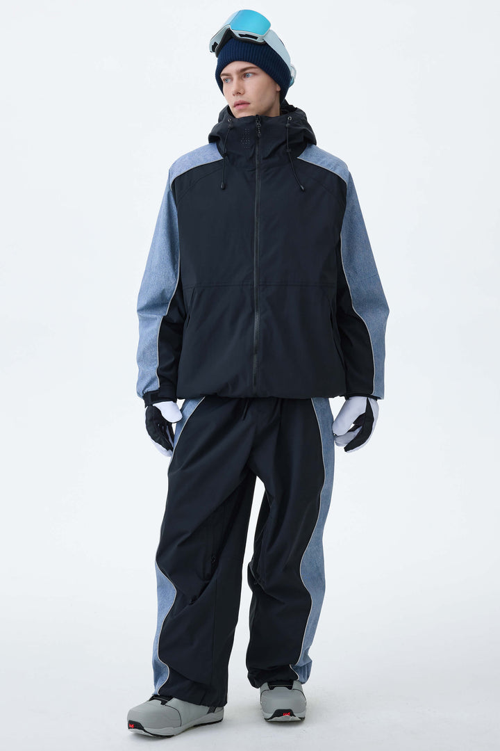 Men's Black & Washed Denim Contrast Panel Reflective Snow Pants