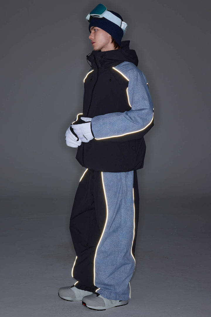 Men's Black & Washed Denim Contrast Panel Reflective Snow Pants