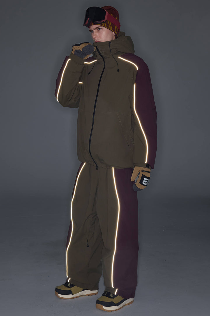 Men's Olive & Plum Noir Contrast Panel Reflective Snow Pants