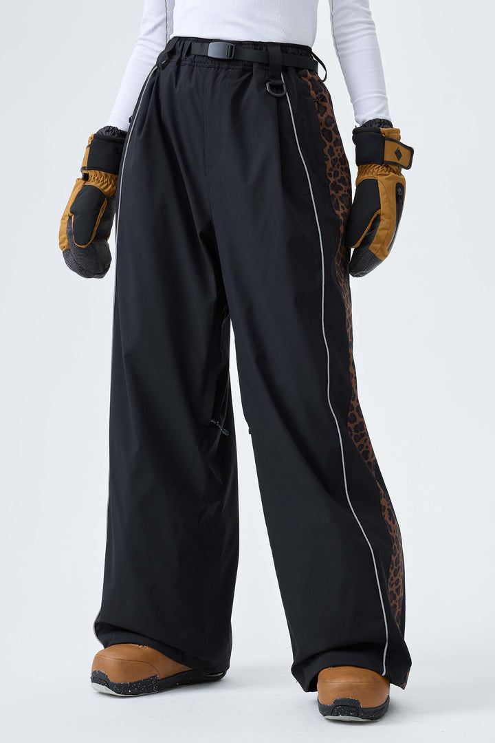 Women's Black & Blue Gray Reflective Contrast-Stripe Baggy Snow Pants