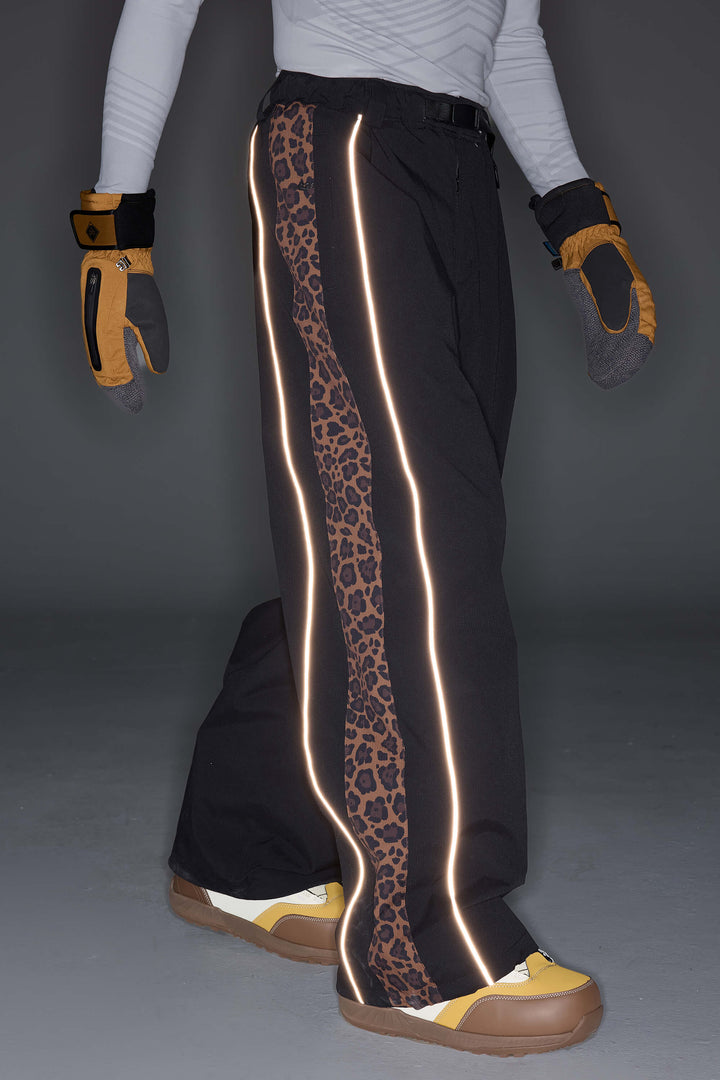 Women's Black & Blue Gray Reflective Contrast-Stripe Baggy Snow Pants