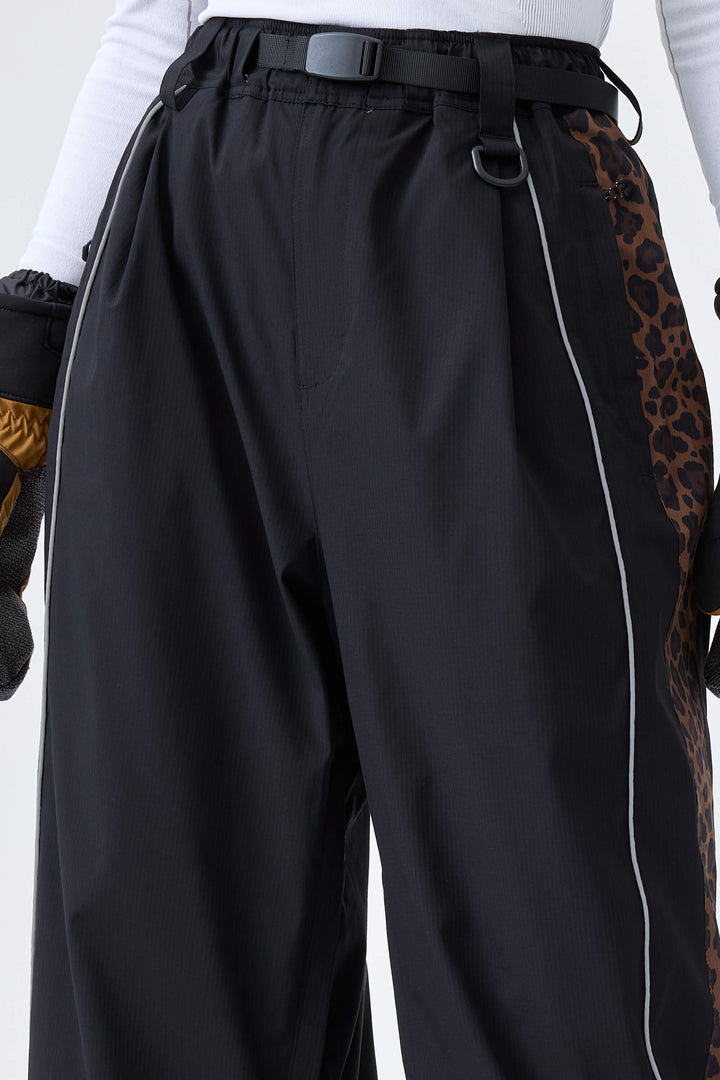 Women's Black & Brown Leopard Reflective Contrast-Stripe Baggy Snow Pants