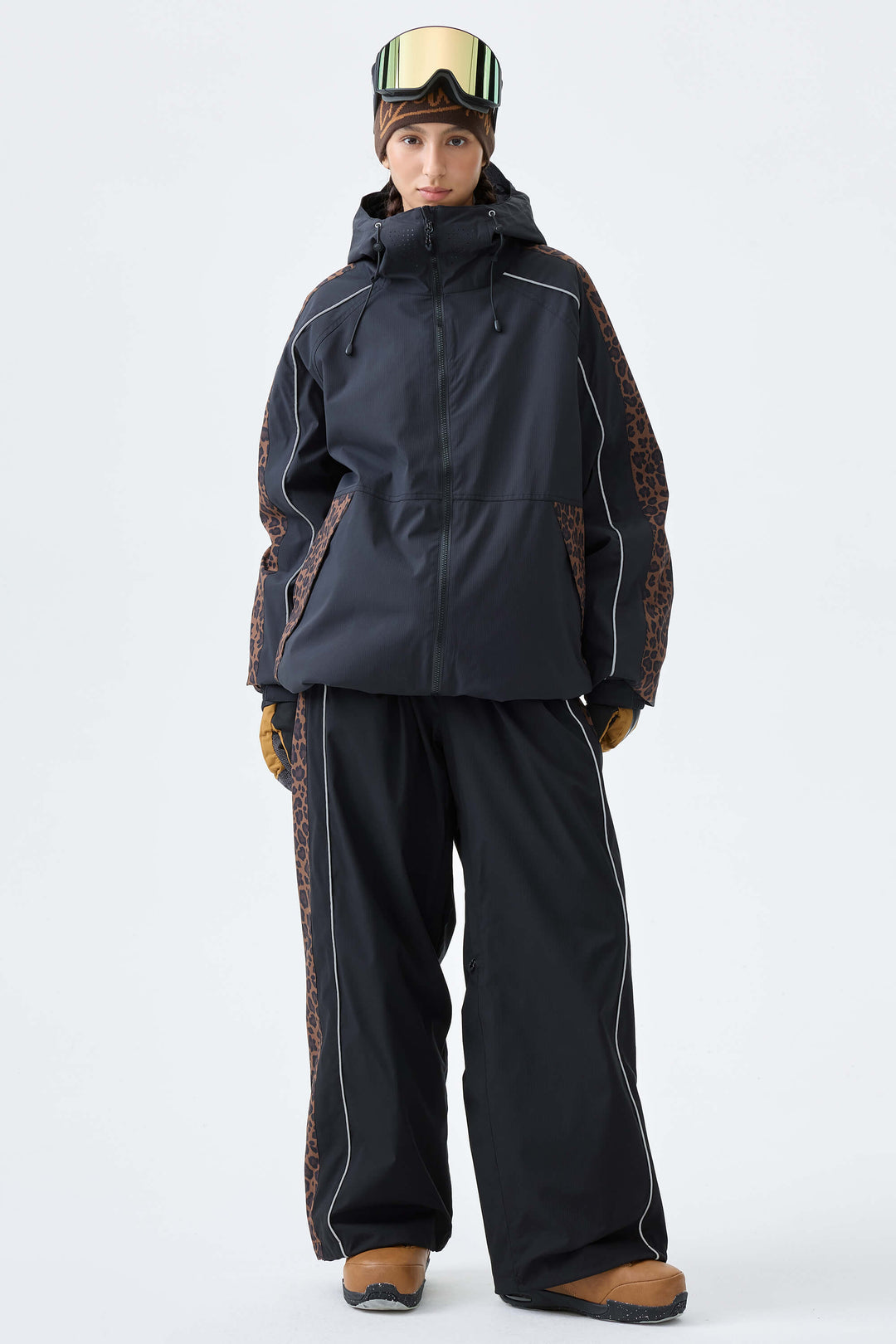 Women's Black & Brown Leopard Reflective Contrast-Stripe Baggy Snow Pants