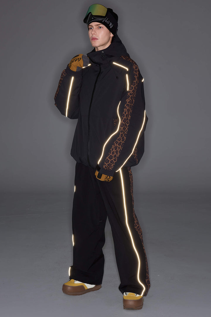 Women's Black & Brown Leopard Reflective Contrast-Stripe Baggy Snow Pants