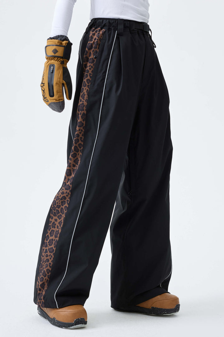 Women's Black & Brown Leopard Reflective Contrast-Stripe Baggy Snow Pants