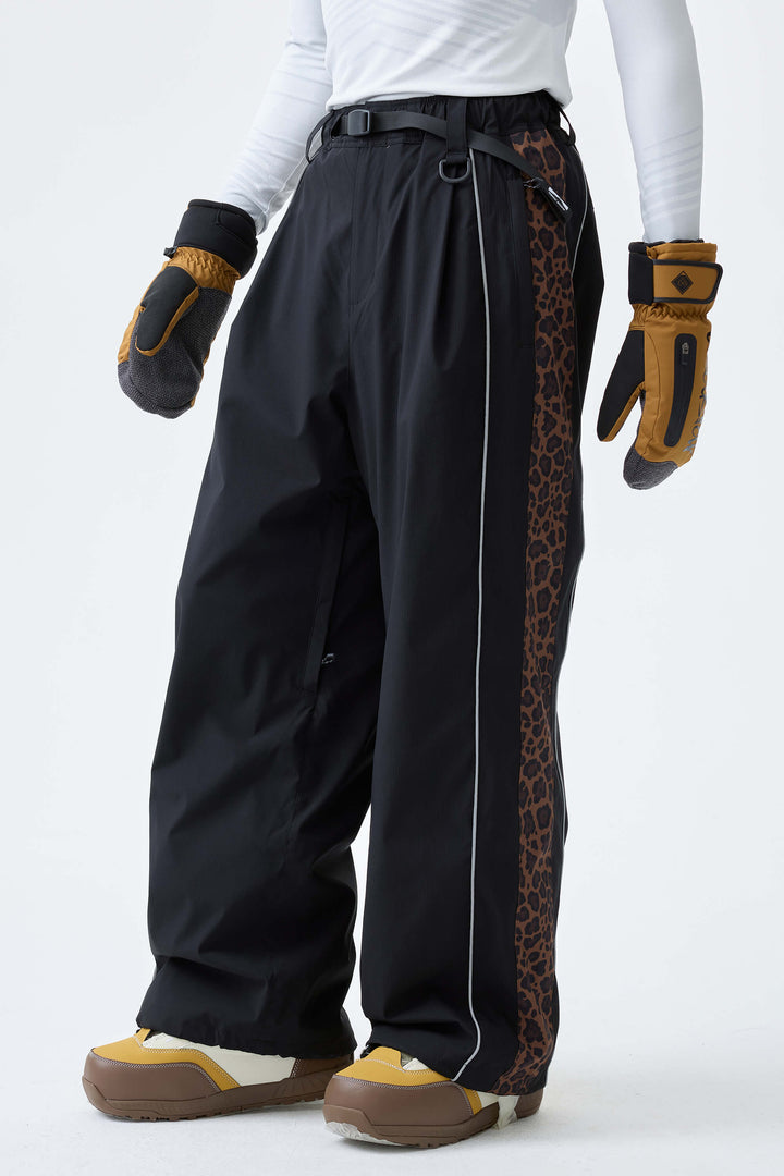Men's Black & Blue Gray Reflective Contrast-Stripe Baggy Snow Pants