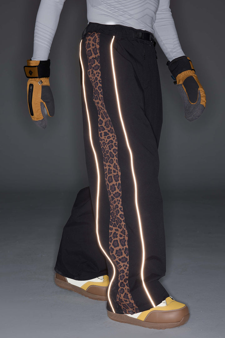 Men's Black & Blue Gray Reflective Contrast-Stripe Baggy Snow Pants