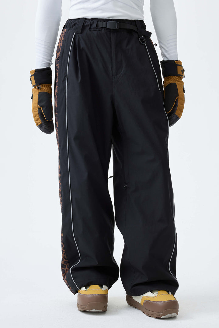 Men's Black & Blue Gray Reflective Contrast-Stripe Baggy Snow Pants