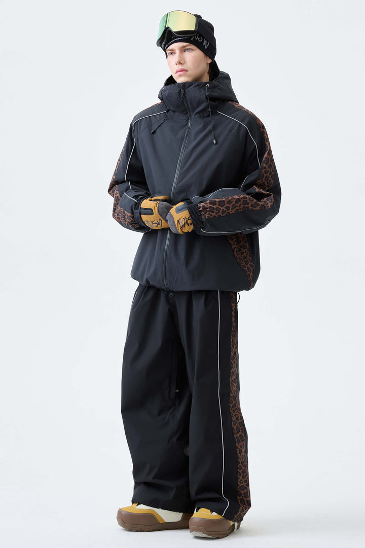 Men's Black & Brown Leopard Reflective Contrast-Stripe Baggy Snow Pants
