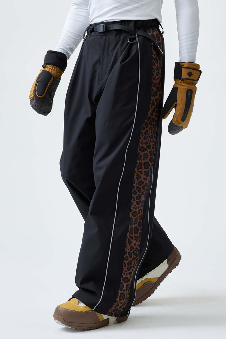 Men's Black & Brown Leopard Reflective Contrast-Stripe Baggy Snow Pants