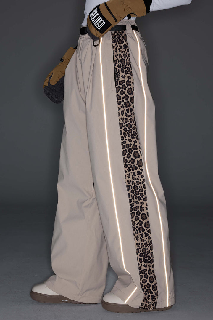 Women's Black & Blue Gray Reflective Contrast-Stripe Baggy Snow Pants