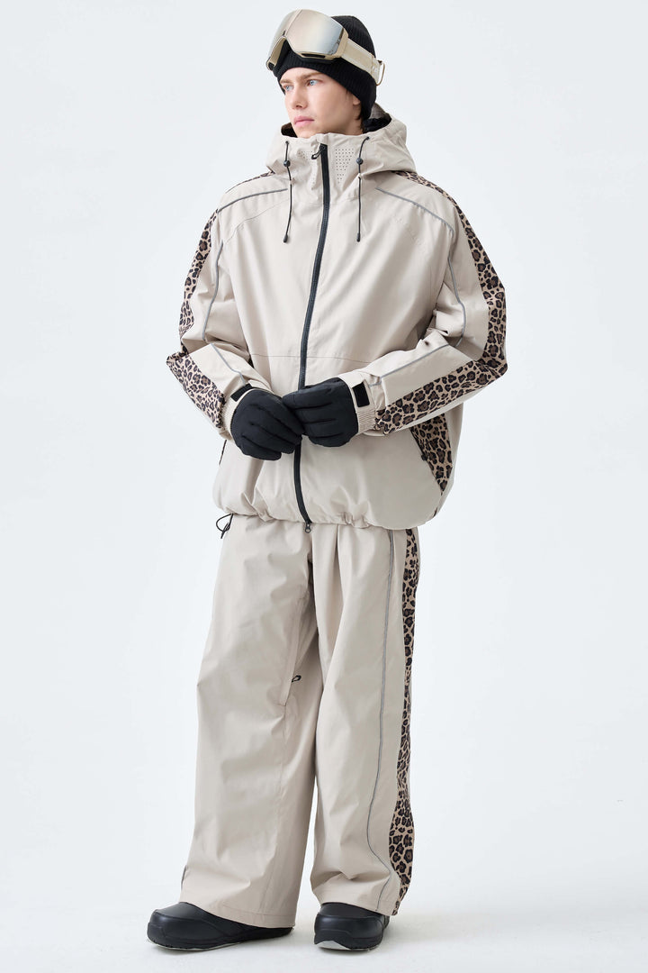 Men's Black & Brown Leopard Reflective Contrast-Stripe Baggy Snow Pants