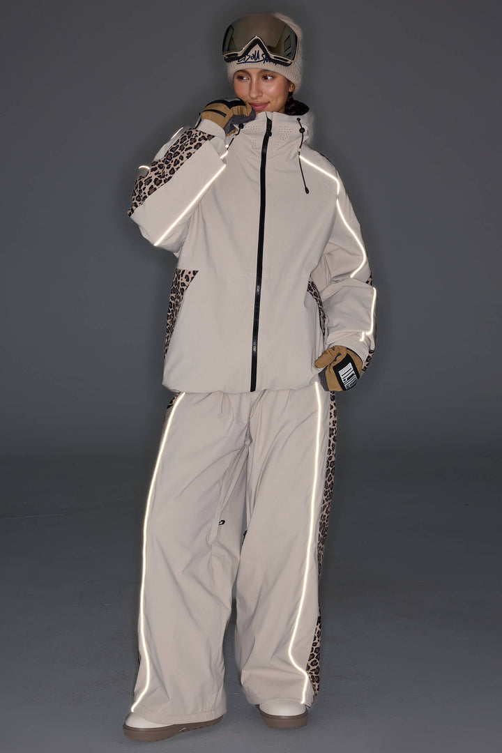 Men's Off White & Leopard Reflective Contrast-Stripe Baggy Snow Pants