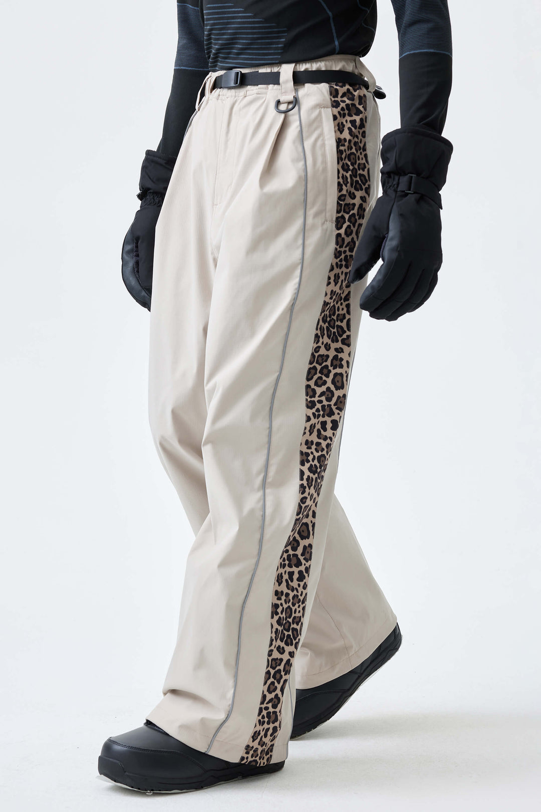 Men's Black & Blue Gray Reflective Contrast-Stripe Baggy Snow Pants