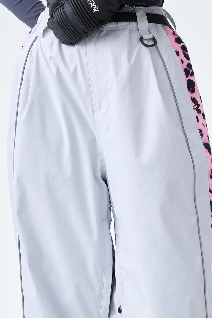 Women's Light Gray Reflective Contrast-Stripe Baggy Snow Pants