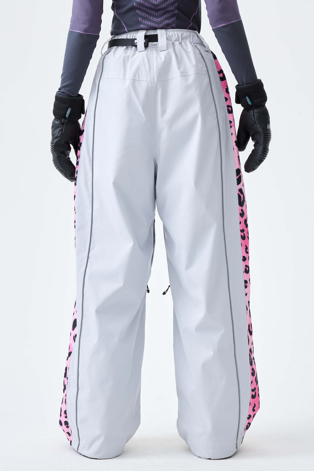 Women's Light Gray Reflective Contrast-Stripe Baggy Snow Pants