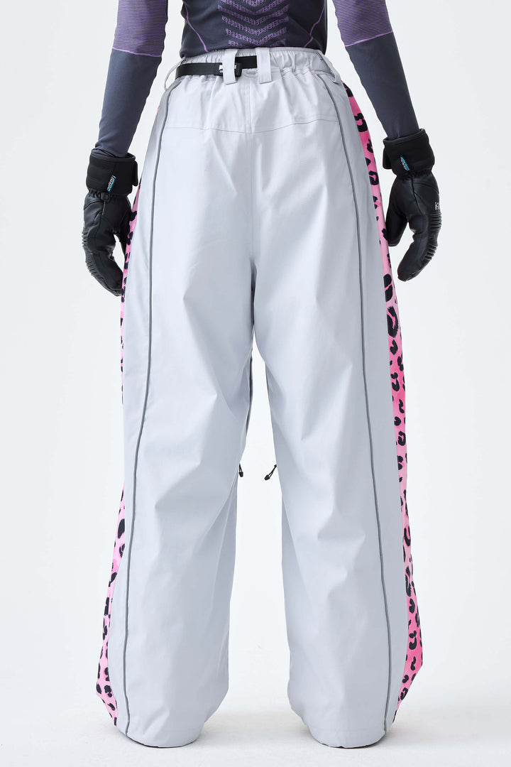 Women's Light Gray Reflective Contrast-Stripe Baggy Snow Pants