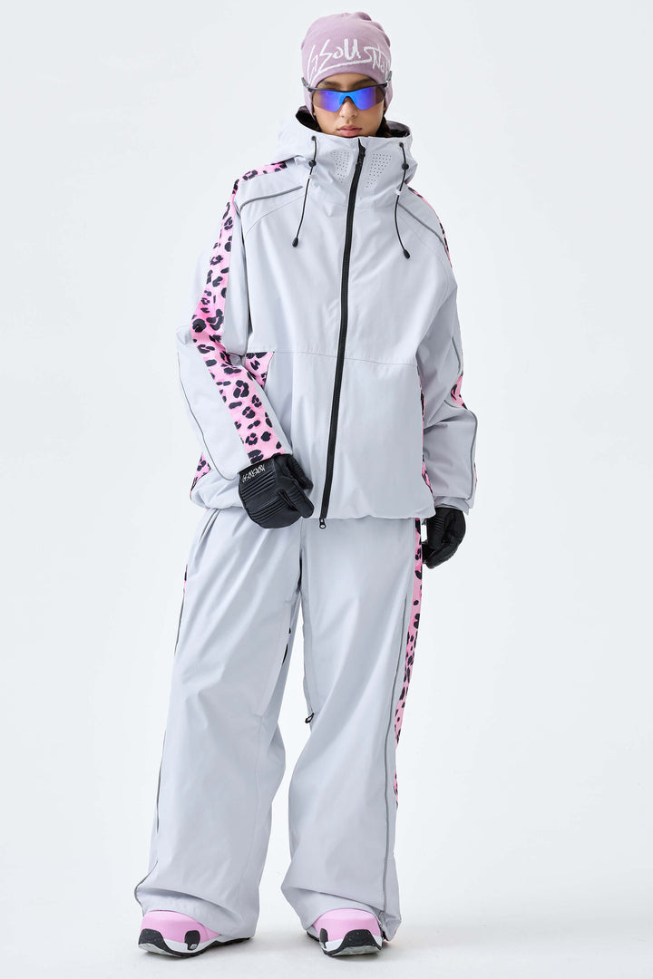 Women's Light Gray Reflective Contrast-Stripe Baggy Snow Pants