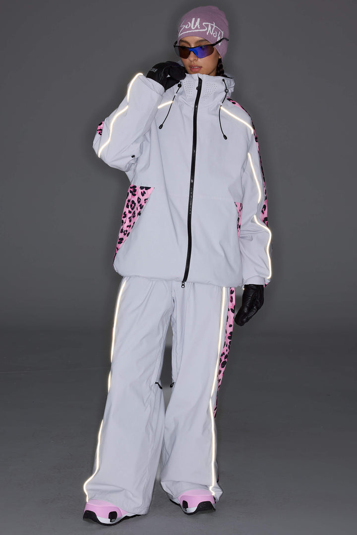 Women's Light Gray Reflective Contrast-Stripe Baggy Snow Pants