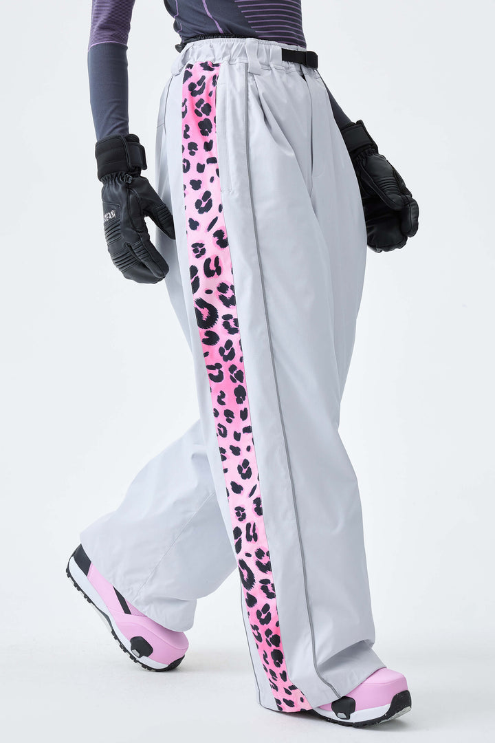 Women's Light Gray Reflective Contrast-Stripe Baggy Snow Pants